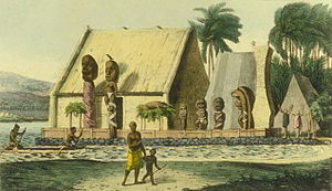 A depiction of a royal heiau (Hawaiian temple) at Kealakekua Bay, c. 1816